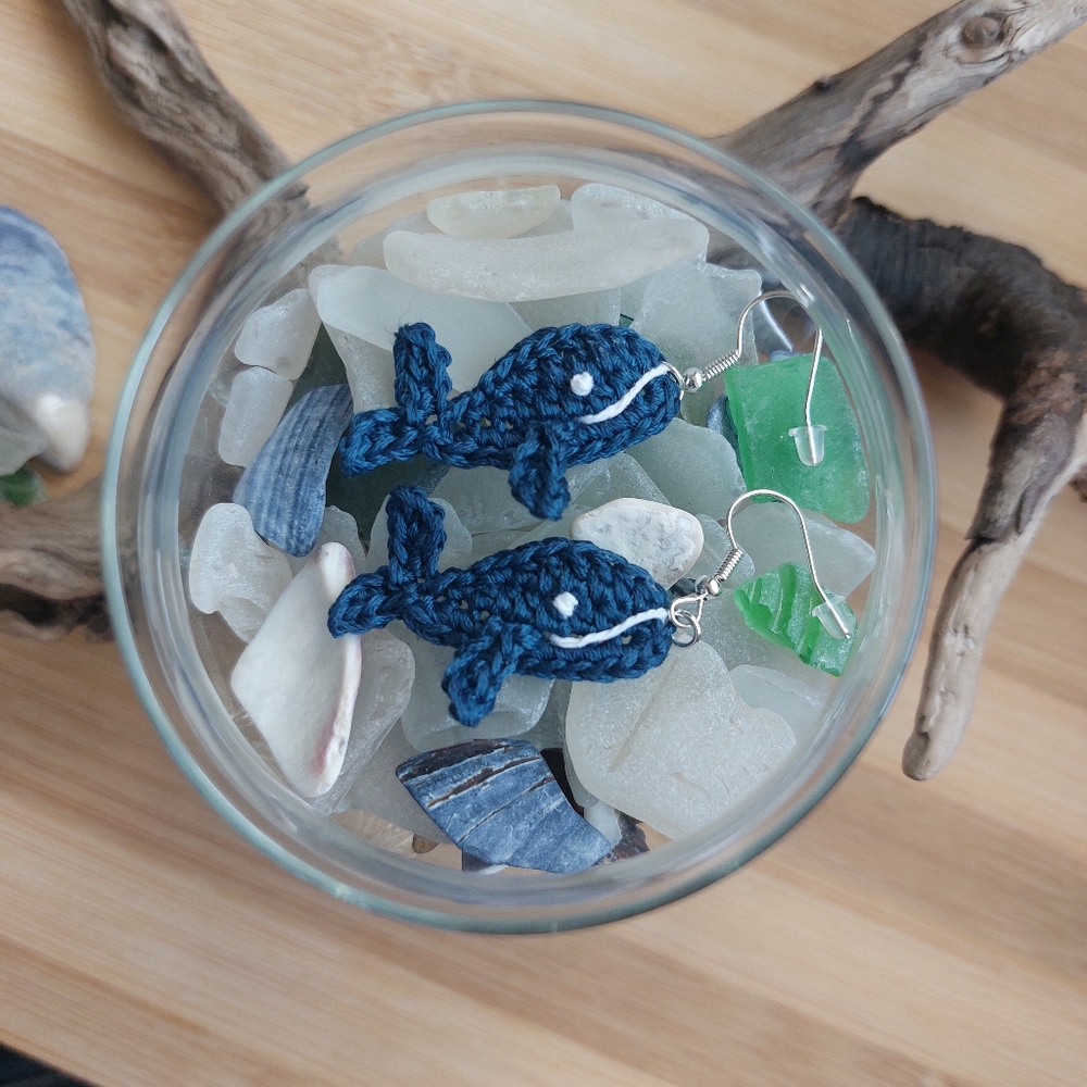Crocheted Navy Blue Whale Earrings